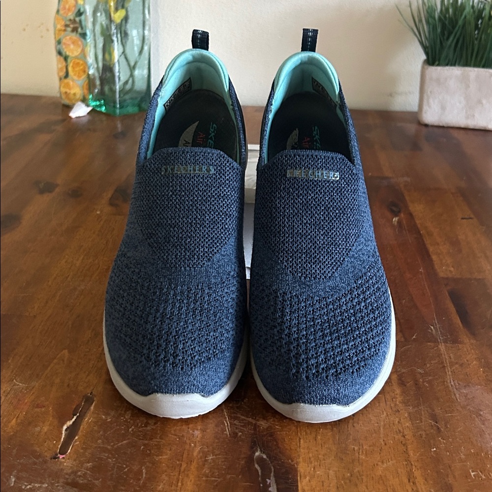 Skechers Navy Knit Slip-On Sneakers with Light Teal Lining
